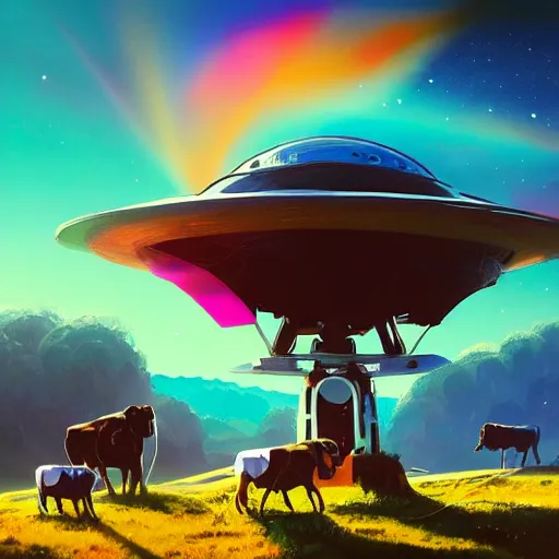 Image similar to ufo over the cow, Bright colors, fantastic landscape, hyperrealism, no blur, 4k resolution, ultra detailed, style of Anton Fadeev, Ivan Shishkin, John Berkey