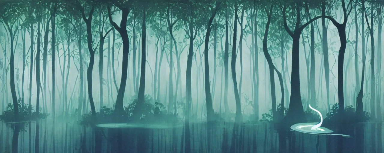 Image similar to deep forest, small rainbow river, light shimmering, water mists, subtle color variantions, summer rain, gentle mists, a white robed benevolent magician clothed in a royal garment in contemplation and meditation casts a benevolent white magic spell, by Eyvind Earle and Mary Blair