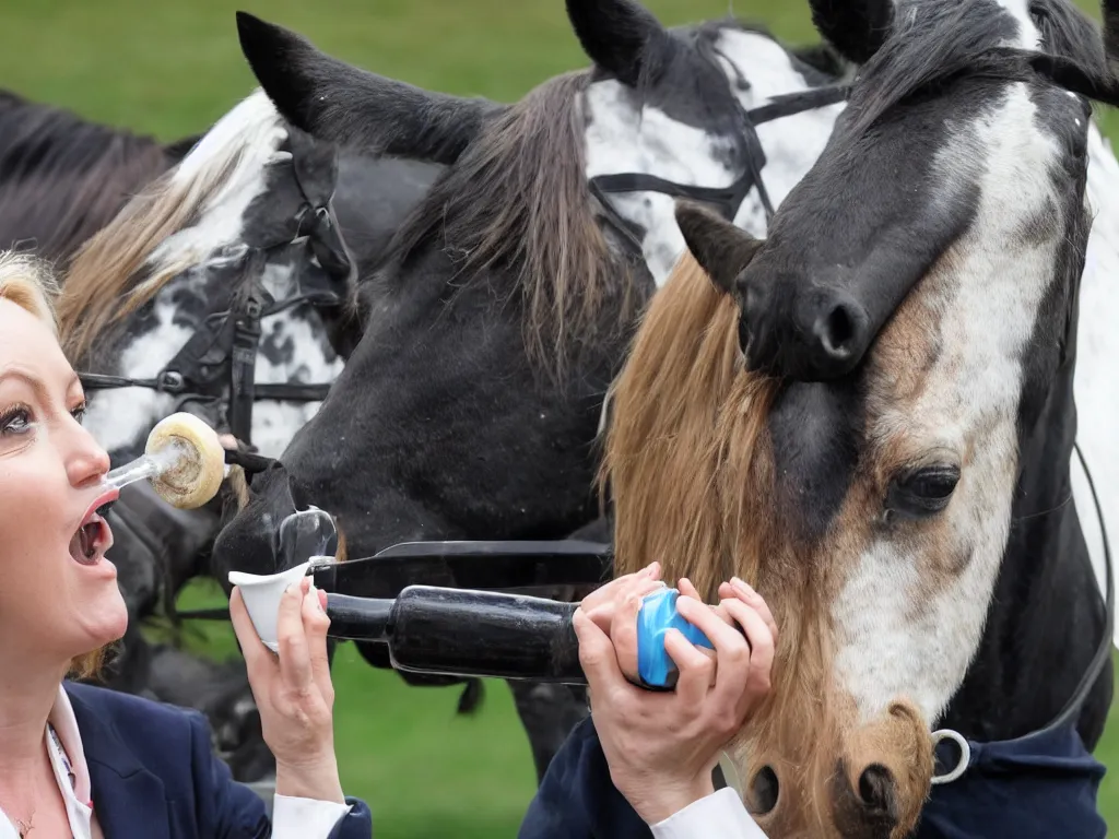 Prompt: liz truss drinking milk from the mouth of a horse