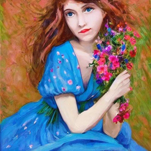 Prompt: A beautiful girl with flowers in her hand and a blue dress, Ketner Jeremiah