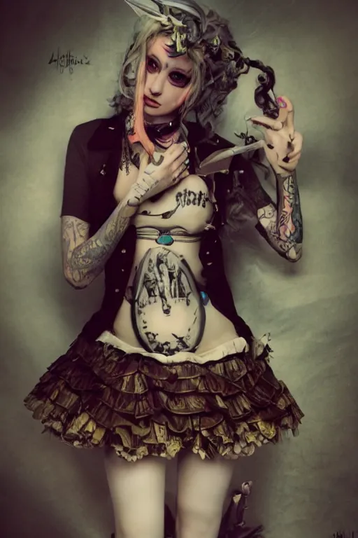 Image similar to Beautiful female, full body, Alice in wonderland, punk rock, piercings, tattoos, skirt, midriff, dramatic lighting, cinematic, establishing shot, extremely high detail, foto realistic, cinematic lighting, post processed, concept art, high details, cinematic, 8k resolution, beautiful detailed, photorealistic, digital painting, artstation, concept art, smooth, sharp focus, artstation trending, octane render, unreal engine