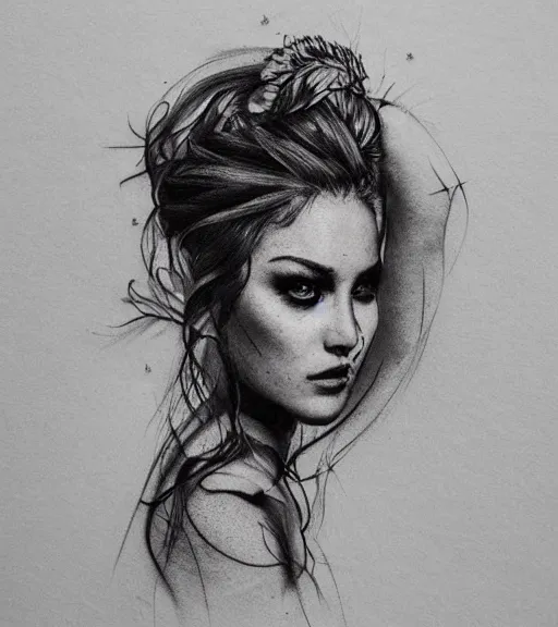 Image similar to tattoo design sketch of a beautiful woman face with a mountain scenery background on her side, hyper - realistic, double exposure, in the style of matteo pasqualin, amazing detail, black and white, faded