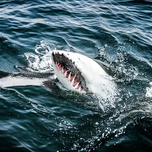 Prompt: a great white shark being eaten by a bigger shark