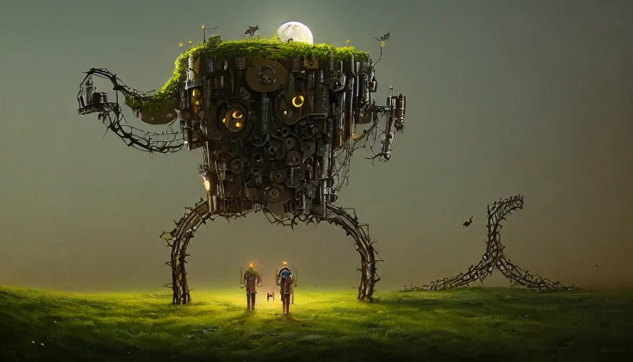 Image similar to a walking mechanical castle with legs, vines, forest, hyperrealistic, highly detailed, cinematic, single ray of moon, dark sky, beautiful, cgssociety, artstation, 8 k, oil painting