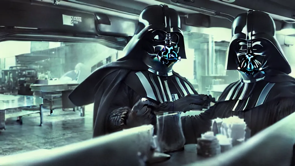 Prompt: Darth Vader working Mcdonalds Drive through, film still from the movie directed by Denis Villeneuve with art direction by Salvador Dalí, wide lens