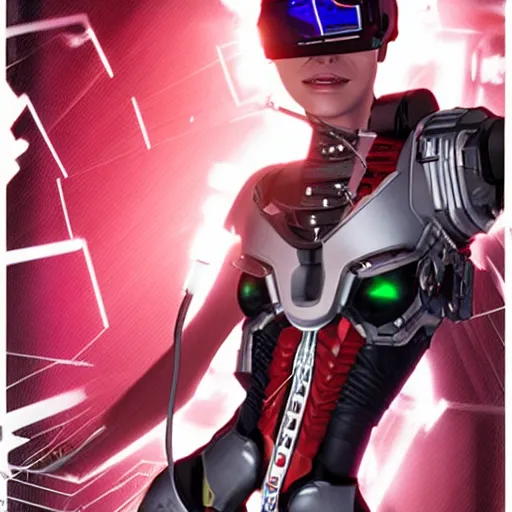 Prompt: portrait of a female cyborg character, chrome, vr headset, wires, side profile, in style of a magic the gathering trading card with high details
