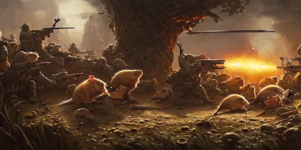 Image similar to highly detailed illustration featuring hamsters in battle, stephen bliss, unreal engine, fantasy art by greg rutkowski, global illumination, radiant light, detailed and intricate environment, hamsters, hamsters holding rifles