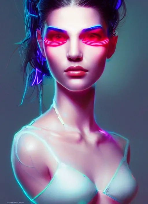 Image similar to portrait of female humanoid in wearable art fashion, intricate, elegant, cyber neon lights, highly detailed, digital photography, artstation, glamor pose, concept art, smooth, sharp focus, art by artgerm and greg rutkowski