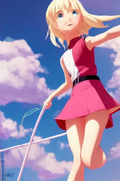 Prompt: blonde little girl wearing an pink and white hero outfit, digital artwork made by artgerm lau and makoto shinkai, shaped focus, heroic composition, hero pose, inspired by peni parker from spiderverso, smooth