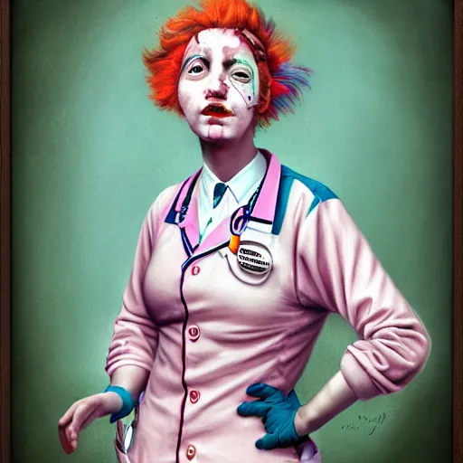 Image similar to clowncore pastel punk young hospital nurse wearing stylish uniform. detailed, portrait, 8 k, artwork by jean - baptiste monge