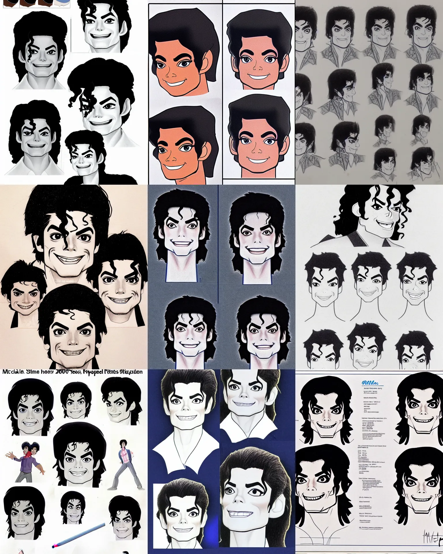 Prompt: !pencil, disney! 20 years old 80s michael jackson close up head expression portrait disney animation model sheet