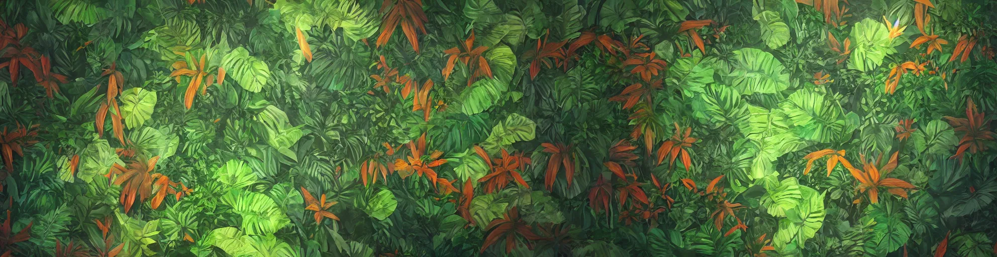 Prompt: Tropical leafs wall in jungle, trending on artstation, by Noah Bradley
