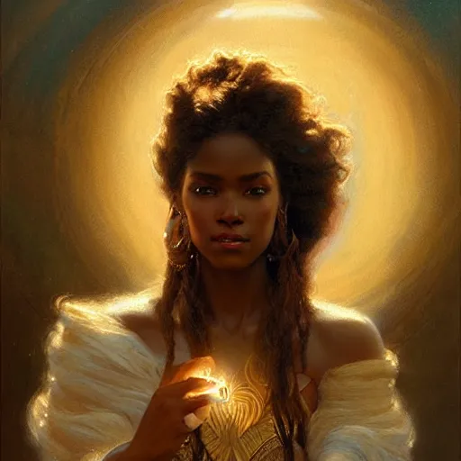 Image similar to young black woman, goddess of light, long flowing hair, smug expression, highly detailed painting by gaston bussiere, craig mullins, j. c. leyendecker 8 k