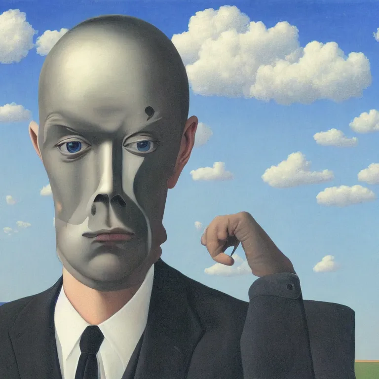 Image similar to portrait of a faceless chrome - head man in a suit, clouds in the background, by rene magritte, detailed painting, distance, centered, hd, hq, high resolution, high detail, 4 k, 8 k