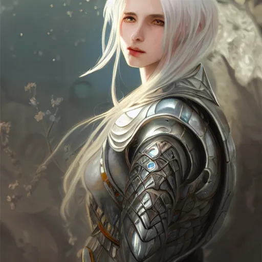 Image similar to portrait white hair knights of Zodiac girl, Sliver ice color reflected armor, in ruined Agora of Athens Sunrise, ssci-fi and fantasy, intricate and very very beautiful and elegant, highly detailed, digital painting, artstation, concept art, smooth and sharp focus, illustration, art by tian zi and WLOP and alphonse mucha