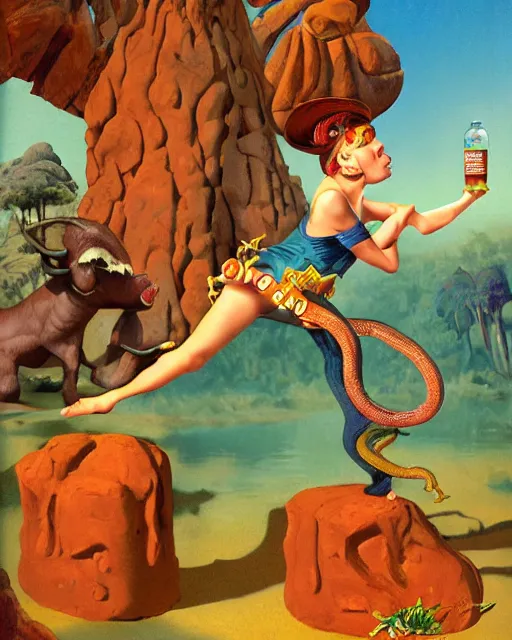 Prompt: Minotaur Genie with snakelike limbs wearing oversized cowboy hat trapped in a tonic stimulant lava lamp bottle, the spirit of the bull run, Uncle Aloysius brand SNAKE OIL in the locomotive rain forest jungle rivers of Formosa, 35mm film still, art by gil Elvgren and Ilya kuvshinov