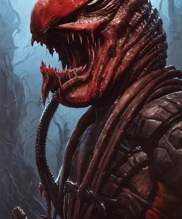 Prompt: a portrait of the predator by chris ayers, oil on canvas, deep depth field, masterpiece, by gerald brom, trending on artstation, featured on pixiv, cinematic composition, hyper - detailed, hd, hdr, 4 k, 8 k