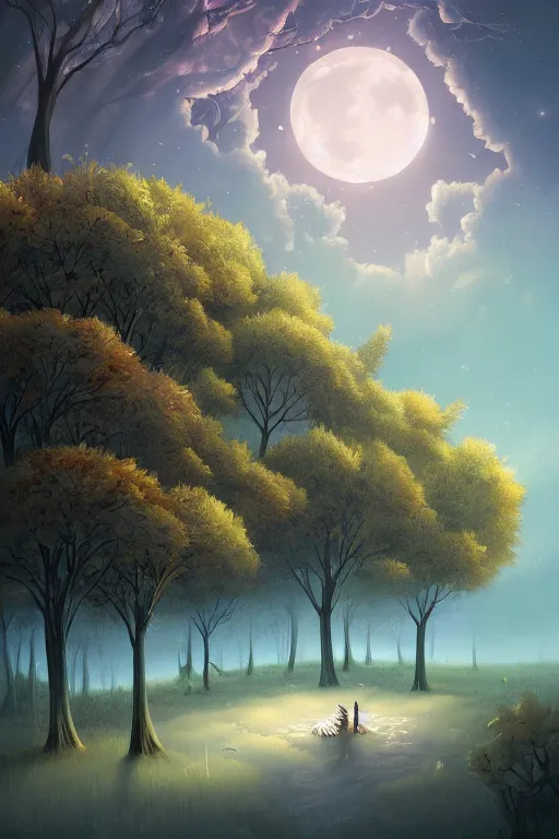 Prompt: A beautiful ultra detailed matte painting Moonlight woods near the water puffy clouds, by Cyril Rolando, David Wiesner, Karol Bak , featured on artstation