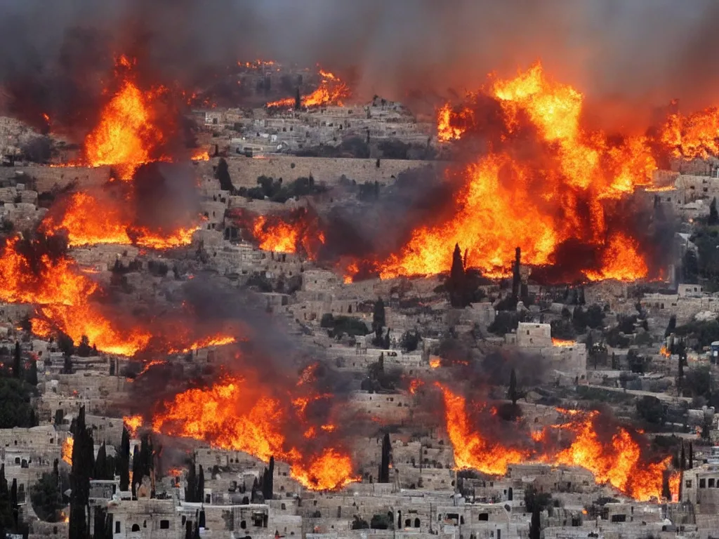 Prompt: jerusalem is on fire, the destruction of the temple, by god