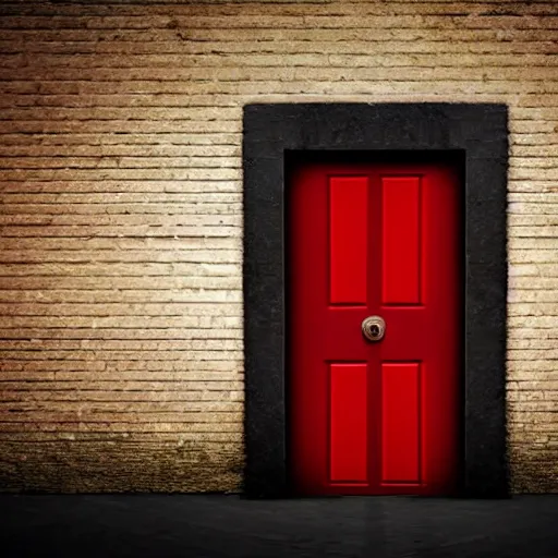 Prompt: a glowing red door in a dark room, black walls, pitch black, no light source,