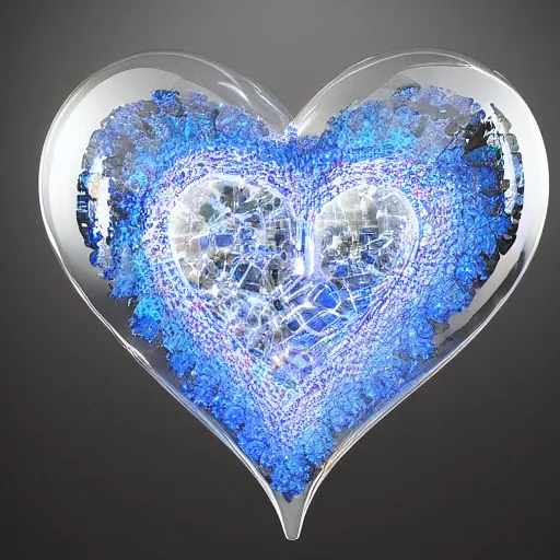 Image similar to crystal cave with large transparent crystals forming a human heart, intricate details, 3 d occlusion, blue on transparency on silver, heart