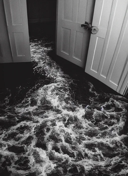 Image similar to river water rushing out through an open door, in the style of the Dutch masters and Gregory Crewdson, dark and moody