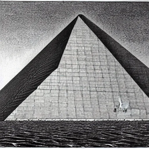 Prompt: realistic drawing of the pyramid at dawn, by maurits cornelis escher