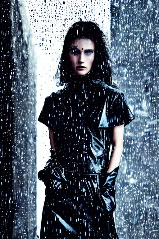 Prompt: portrait photo of cyberpunk girl under rain, fashion editorial photography, from vogue magazine