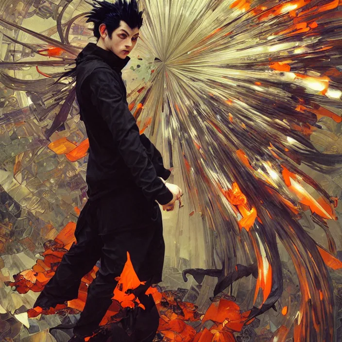 Image similar to a mad guy with spike black hair, orange spike aura in motion, damaged japanese clothes, floating pieces, painted by art by tsuyoshi nagano, greg rutkowski, artgerm, alphonse mucha