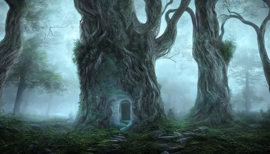 Image similar to a dark foggy forest with a doorframe!! that is a portal! to a fantasy landscape, high quality rendering, digital art