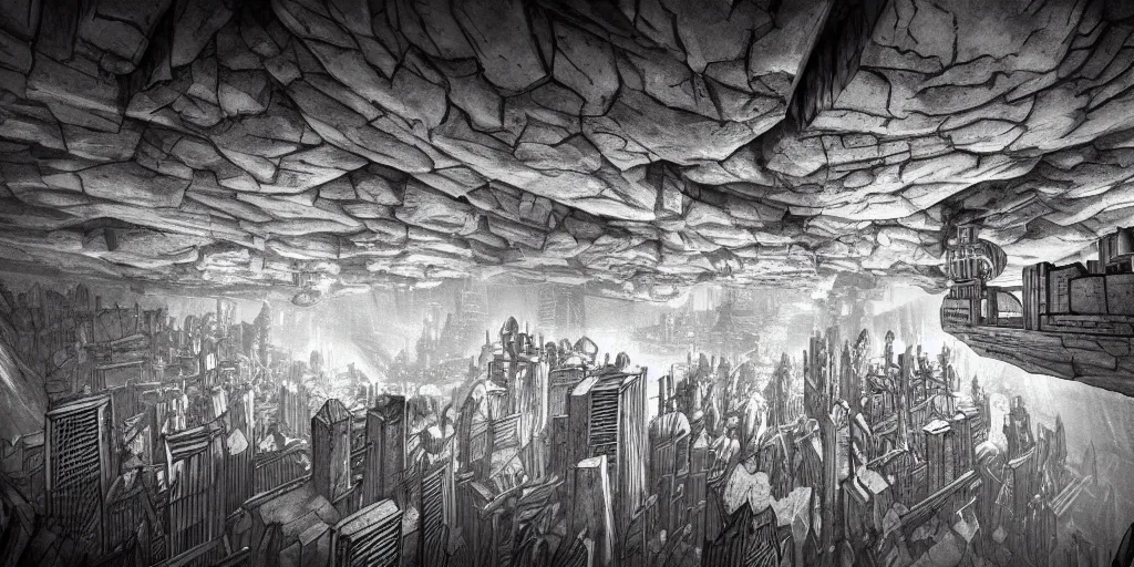 Image similar to inception lovecraft city carved from rock underground another inverted upside down above, in the style of akira, cinematic warm volumetric lighting