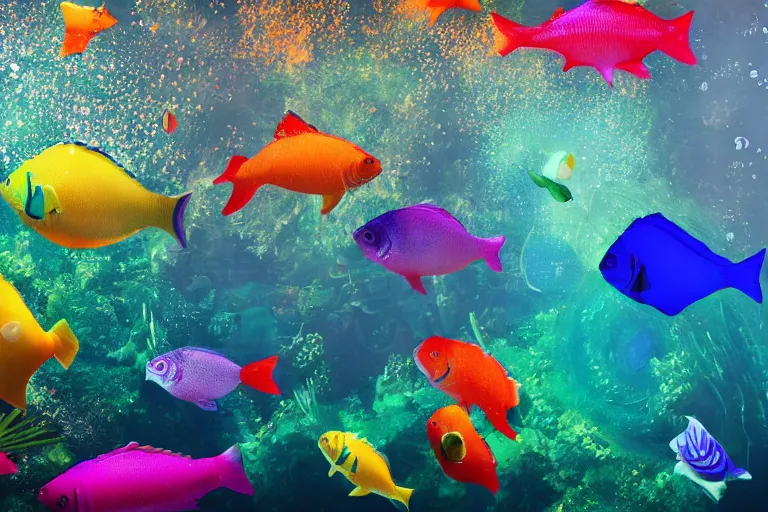 Image similar to ultra realistic underwater photography, panoramic picture of a river with ( subject : one very big exotic brightly coloured fish ). lots of bubbles. wavy, scattered light entering from the water surface, artstation, focus on the fish, extremely hyperrealistic crisply sharp fish, 8 k