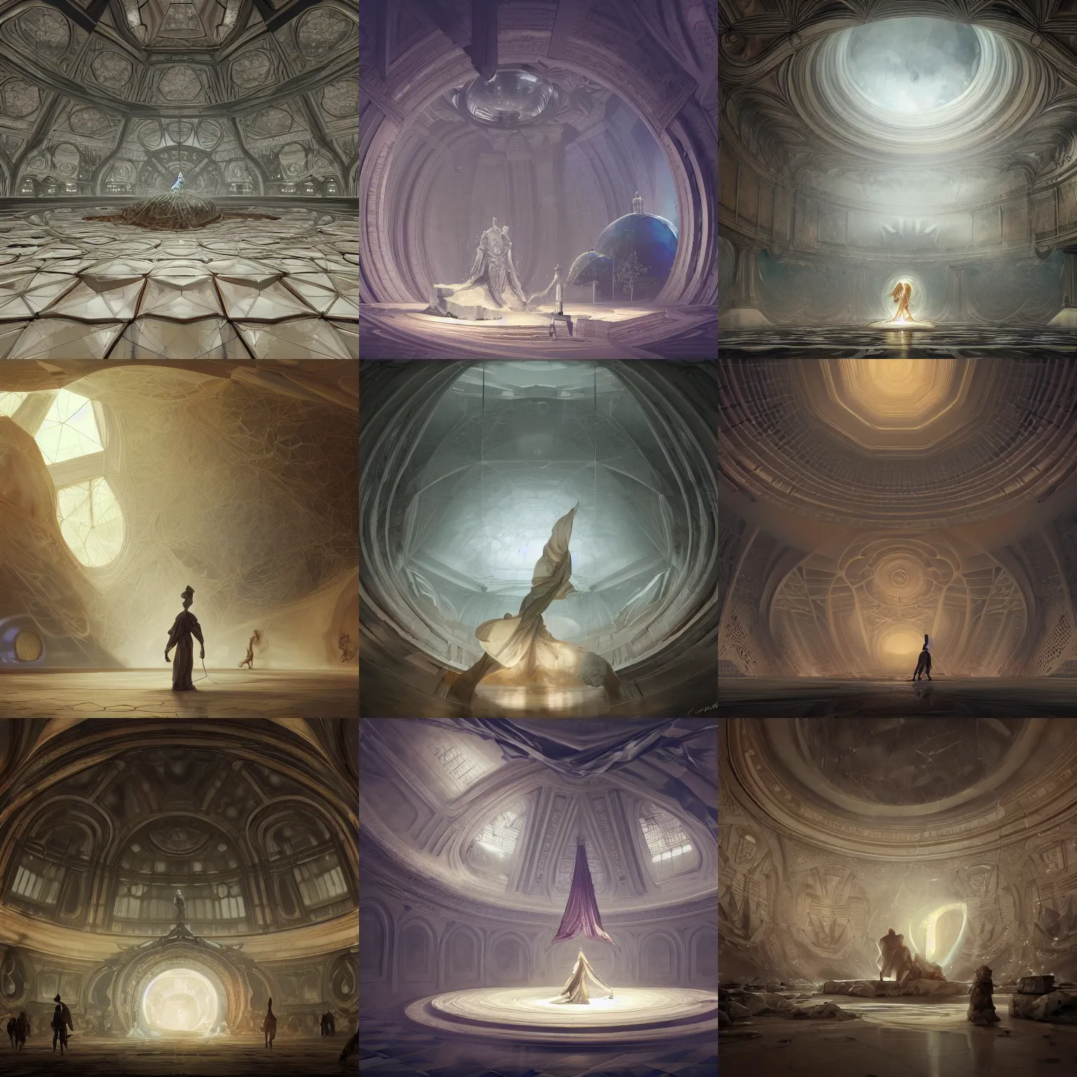 Prompt: interior of a marble dome with a giant figure fully covered in fabric drapery falling from ceiling to the floor at the center, polygonal wooden walls, by peter mohrbacher dan mumford craig mullins nekro, cgsociety, pixiv, volumetric light, 3 d render