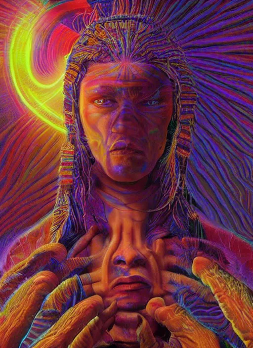 Prompt: portrait ultra dimensional indigenous native, accidentally tripping on dmt and acid, psychedelic experience, overwhelming psychosis of self realization and burning awakening, ultra high definition, unreal engine 5, hyperrealism, masterpiece composition, by casey weldon, barclay shaw
