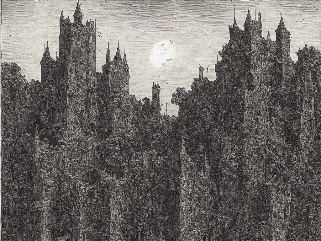 Image similar to “An engraving of the ivy-covered towers of Castle Gormenghast by Gustave Dore”