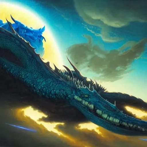 Prompt: Gigantic blue scaled dragon devouring an earth like planet while flying in space, sun system, behemoth, lizard, oil painting, by Greg Rutkowski