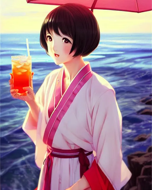 Prompt: very cute girl holding a drink in hanfu near the sea | very anime!!!, fine face, audrey plaza, realistic shaded perfect face, fine details. anime. strong realistic shaded lighting poster by ilya kuvshinov katsuhiro otomo ghost, magali villeneuve, artgerm, jeremy lipkin and michael garmash and rob rey