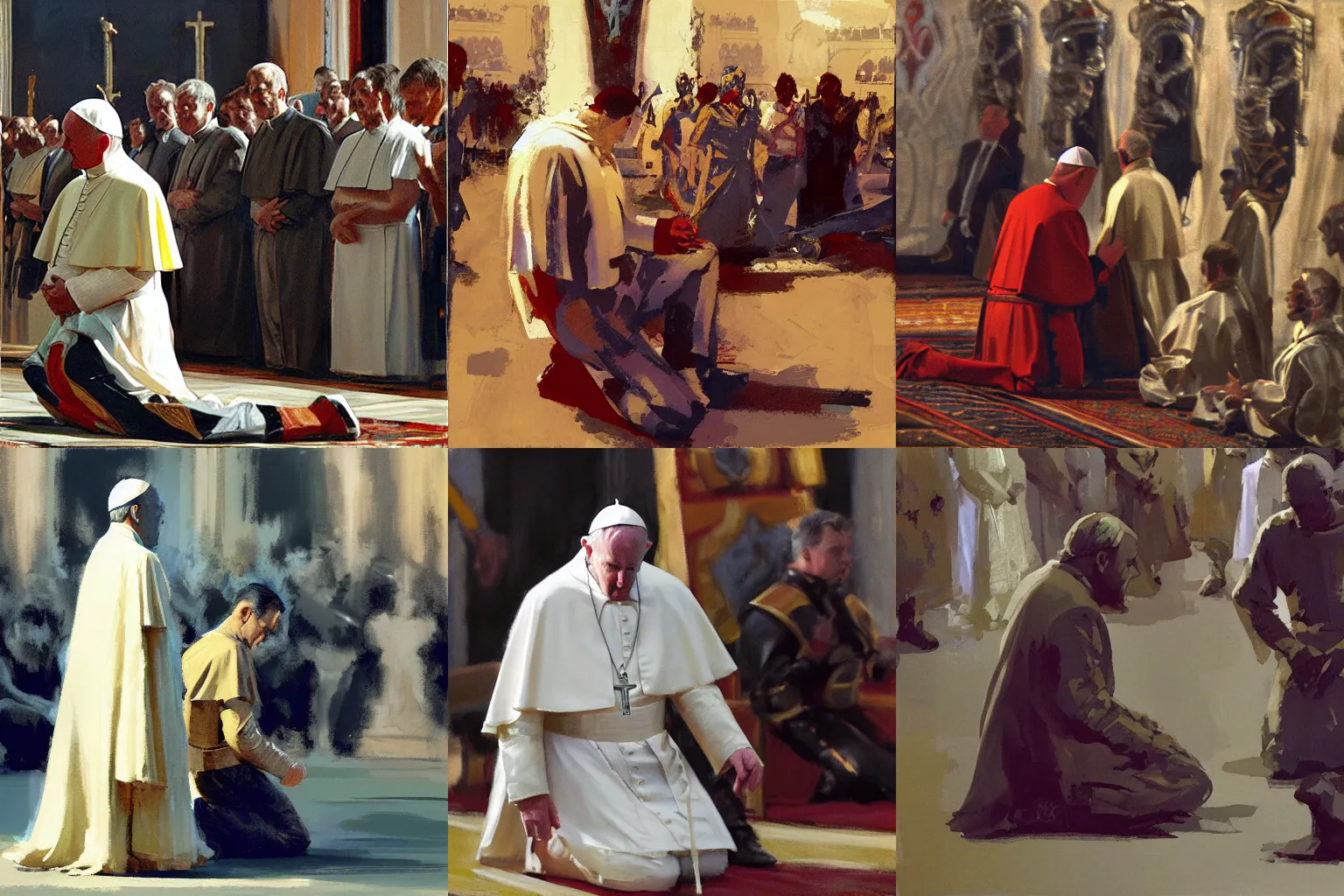 Prompt: king kneeling in front of pope, detailed by greg manchess, craig mullins, bernie fuchs, walter everett