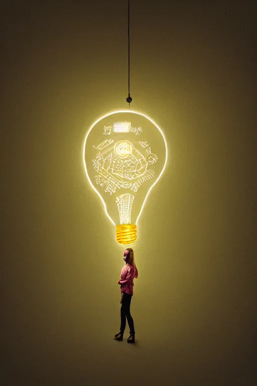 Image similar to painting of a woman inside of an upside down light bulb, kintsugi, modern fine art, fractal, intricate, elegant, highly detailed, digital photography, subsurface scattering, by wes anderson and basquiat and greg rutkowski,