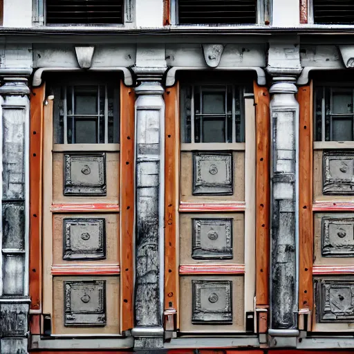 Image similar to hundred different makeshift doors combined on a building facade, ultra detailed, dslr, f 1 1, frontal view