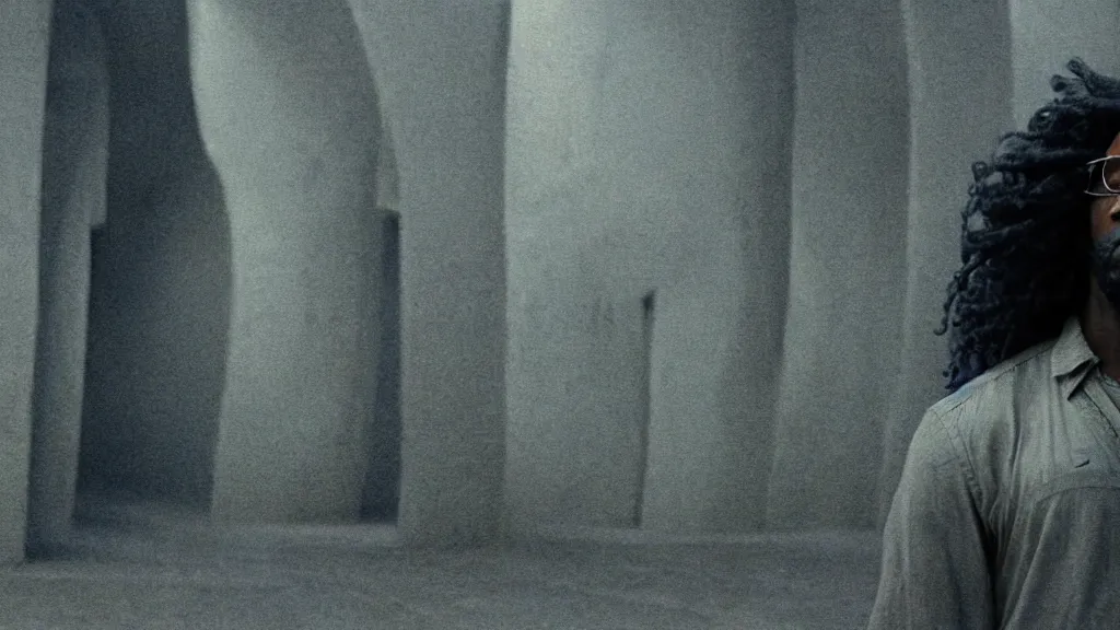 Prompt: a black man with long curly hair, wearing glasses, walking out of a the Utopia's gate, extreme detailed face, film still from the movie directed by Denis Villeneuve with art direction by Zdzisław Beksiński, wide lens