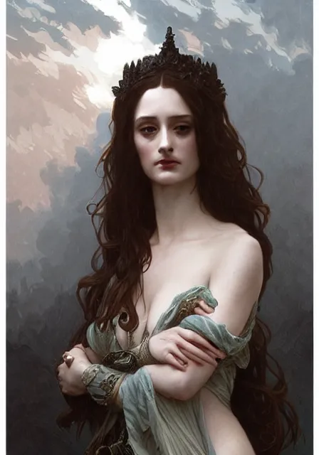 Image similar to sansa eva green gothic, intricate, elegant, highly detailed, digital painting, artstation, concept art, smooth, sharp focus, illustration, art by artgerm and greg rutkowski and alphonse mucha and william - adolphe bouguereau