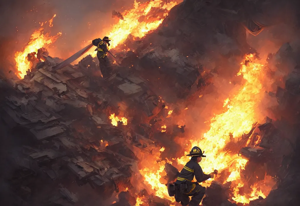 Prompt: one heroic firefighter in action in black and yellow uniform, fire flames, sharp details, sharp focus, realistic, highly detailed, illustration, by jordan grimmer and greg rutkowski and pine ( ハイネ ) and 薯 子 imoko and 香 川 悠 作 and wlop and maya takamura, intricate