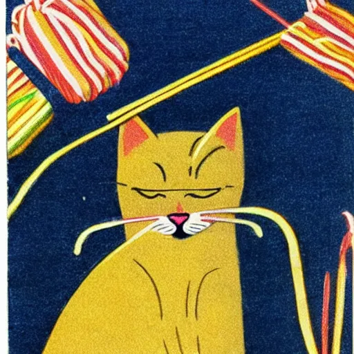 Prompt: cat playing with yarn, Vintage Magazine Illustration