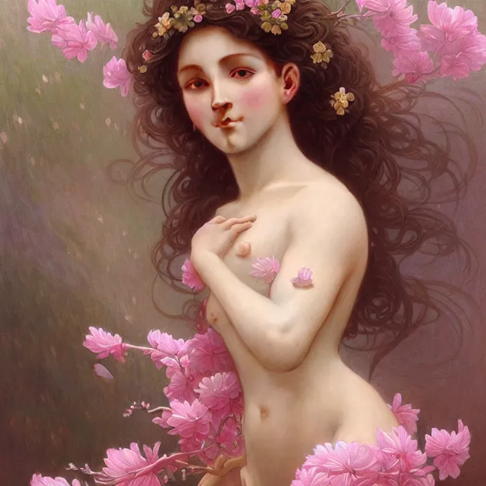 Image similar to a wonderful goddess with a realistic body made of pink petals, intricate, elegant, highly detailed, wonderful eyes, sweet, digital painting, artstation, concept art, smooth, sharp focus, illustration, art by artgerm and greg rutkowski and alphonse mucha and william - adolphe bouguereau