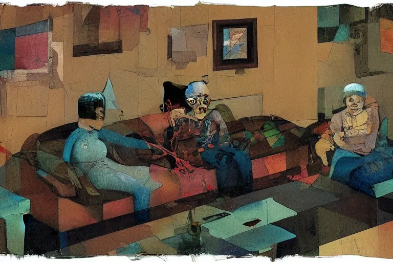 Image similar to old zombie couple on a couch, watching TV, in a small room, small paintings on the wall, light flickering, intricate painting, view from above, wide angle lens, isometric, in the style of mixed media, collage, by Craig Mullins, by Karel Thole!!, by JC Leyendecker, ((by Paul Klee))