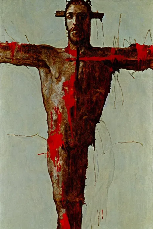 Image similar to bloody jesus christ crucified painted by cy twombly and andy warhol