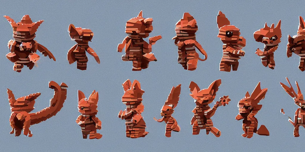 Image similar to small creatures called critters, made out of individual bricks. cute looking, kawaii, sharp focus, moebius, character sheet, game concept art, brush work