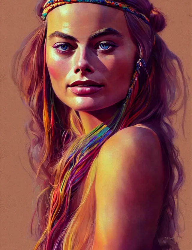 Prompt: portrait of a young margot robbie wearing boho clothing, hippie, long hair, groovy hairband, bangs, intricate, smooth, groovy lighting, highly detailed, digital painting, artstation, concept art, smooth, sharp focus, illustration, art by wlop, mars ravelo and greg rutkowski