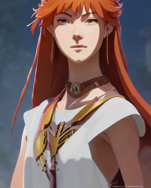 Image similar to azctec warrior, katherine mcnamara, detailed perfect face, exquisite details, fire magic, mid view, design on a white background, by studio muti, greg rutkowski makoto shinkai takashi takeuchi studio ghibli